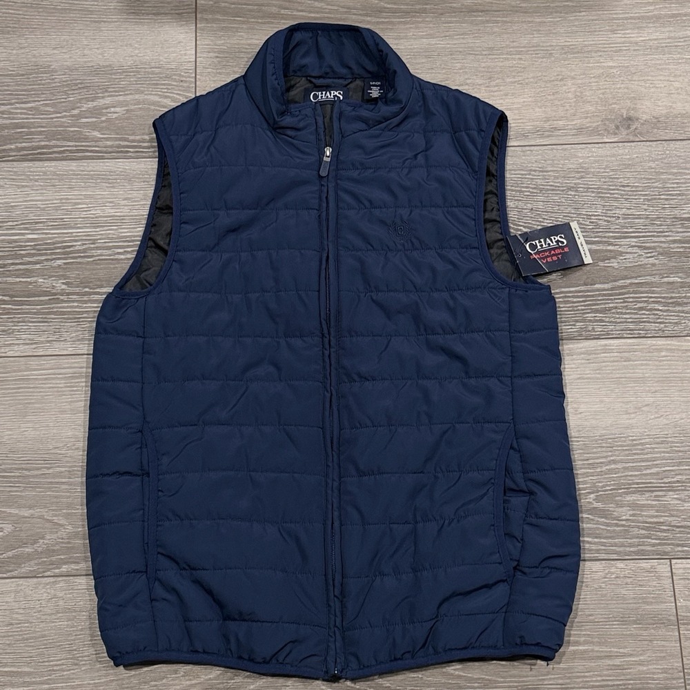 Chaps Packable Puffer Vest Men Small Navy Quilted Insul Full Zip Travel NWT